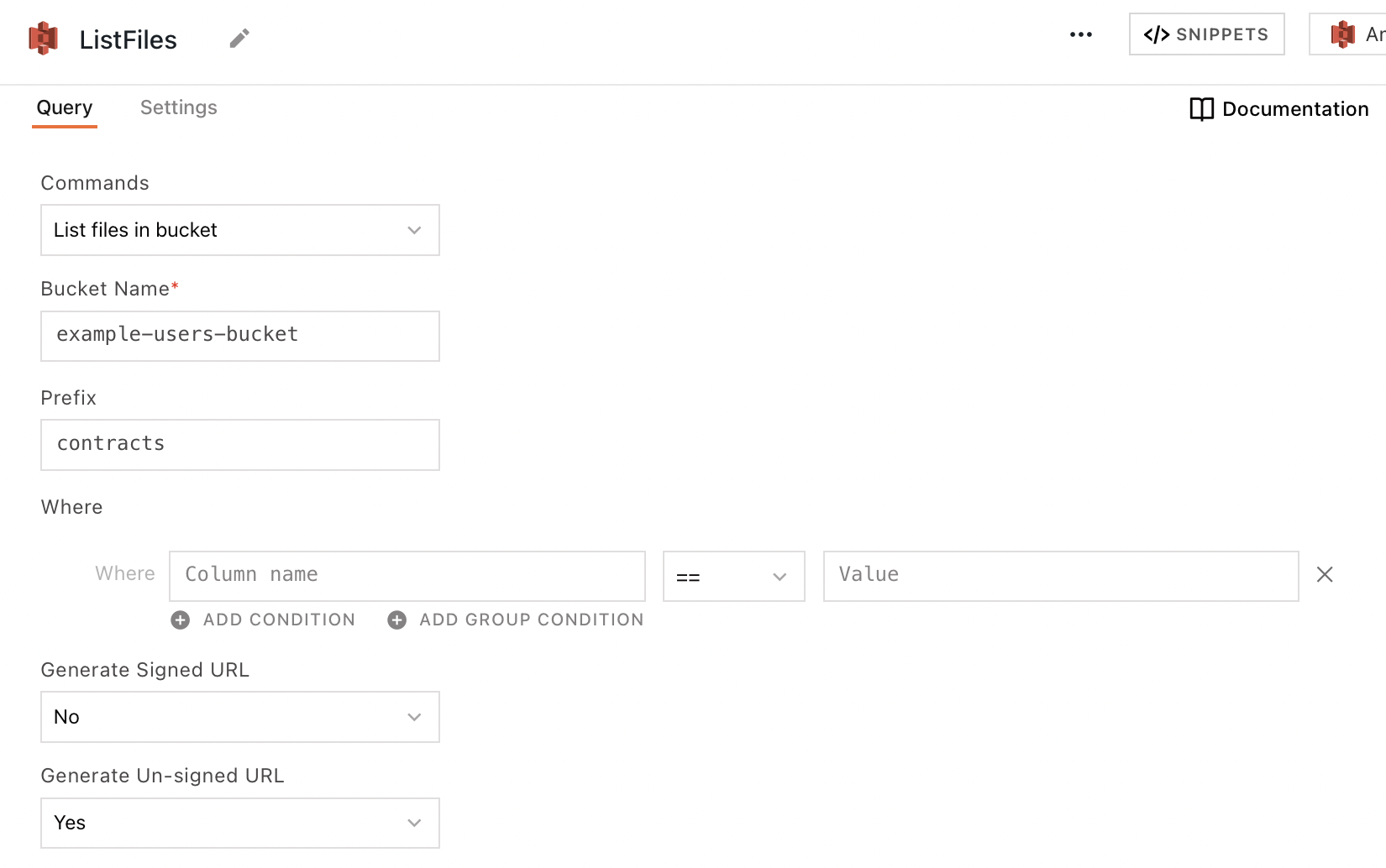 Configuring a List Files query.